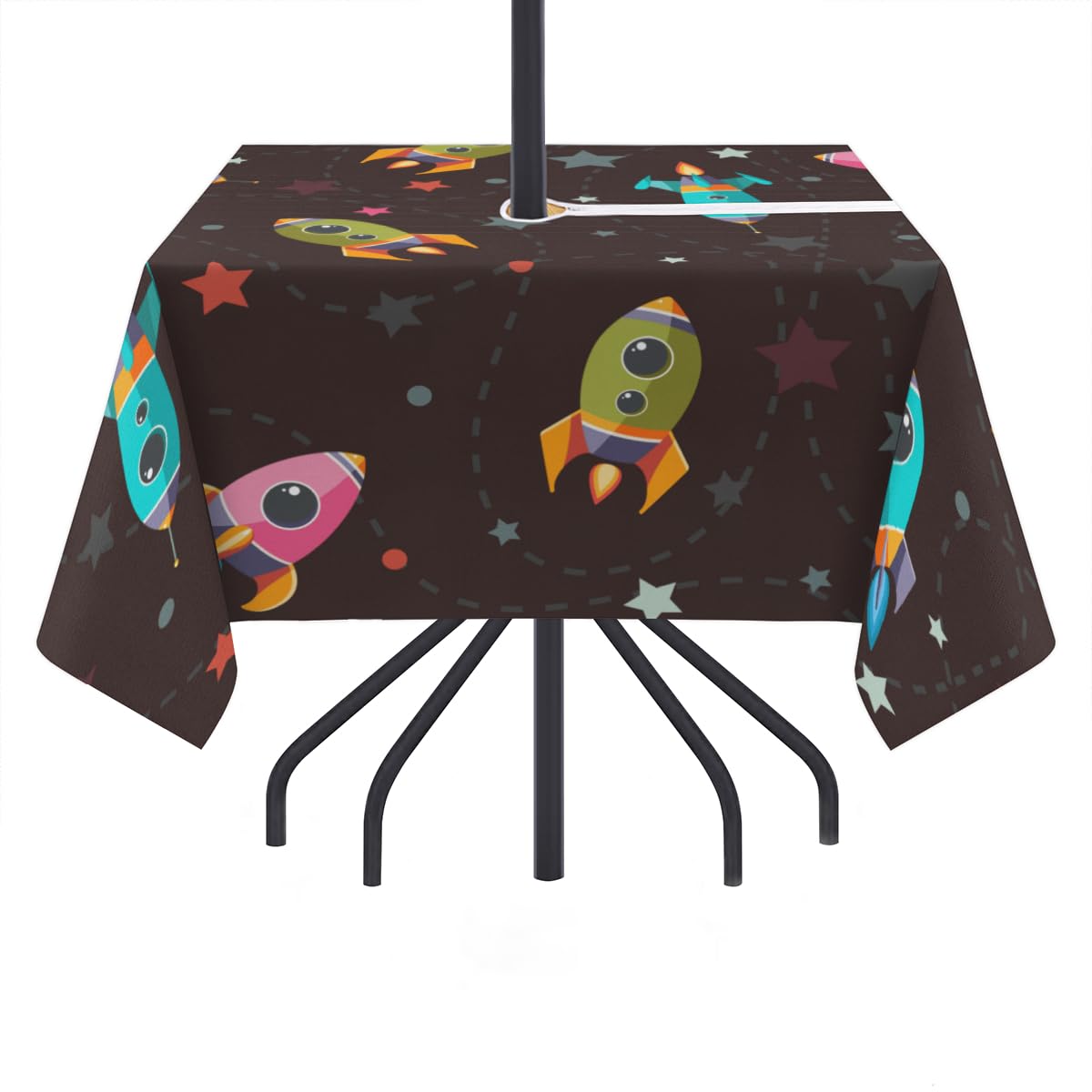 QsirBC Cartoon Rocket Outdoor Tablecloth with Umbrella Hole and Zipper Wrinkle-Free Stain Resistant Washable Square Tablecloth for Patio Garden Picnic Camping 60 X 80 Inch