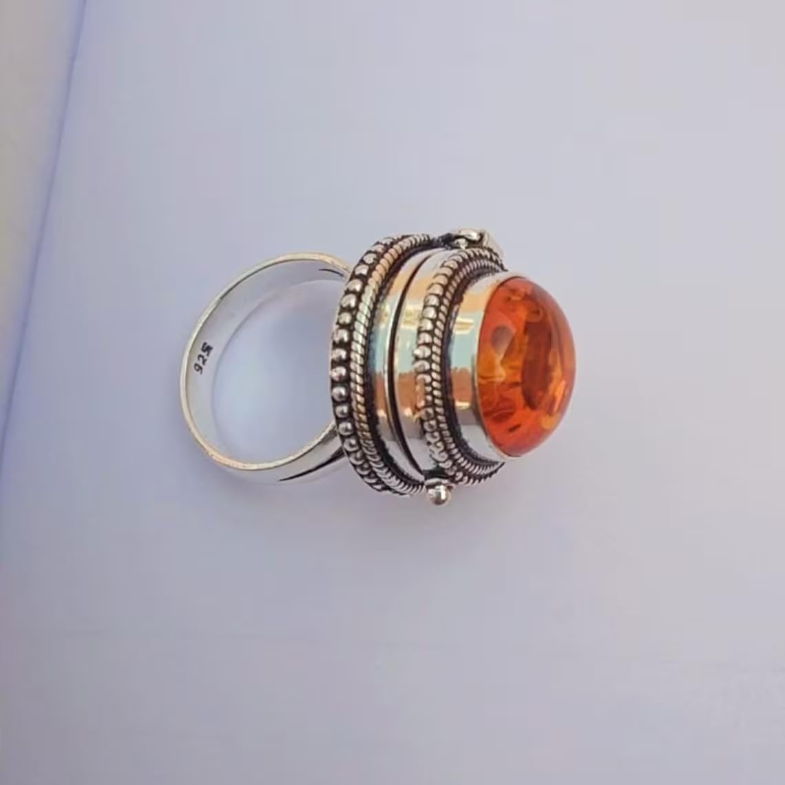 Natural Amber Gemstone Poison Ring, Handmade Statement Style Poisoner Ring, 925 Sterling Silver Pill Ring, Large Stone Poison Ring.