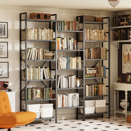 Image of SUPERJARE Triple Bookshelf, Bookcase with 17 Open Display Shelves, Wide Book Shelf Book Case for Home & Office, 6 Tier, Grey