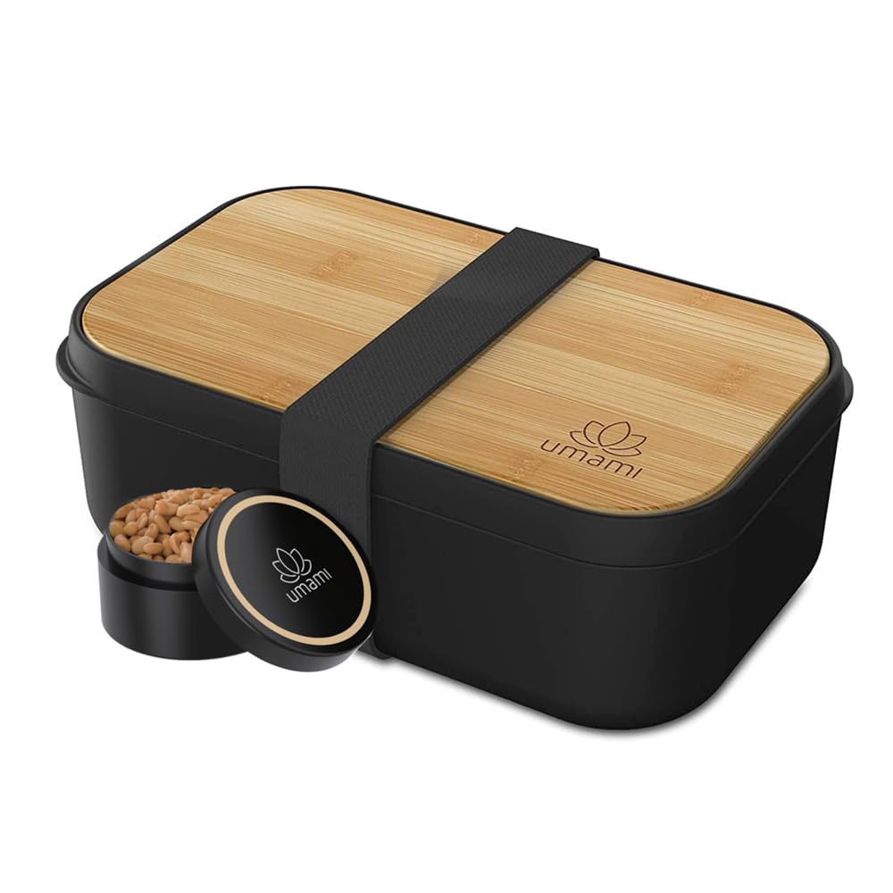 Umami All-in-1 1L Bento Lunch Box Adult with Cutlery, Sauce Containers as Lunch Boxes Salad, Snack, Bento Box, Leak-Proof Lunch Box Adults, Includes Accessories Lunch Box with Compartments for Meal Black - 1000 ml M - 1000 ml
