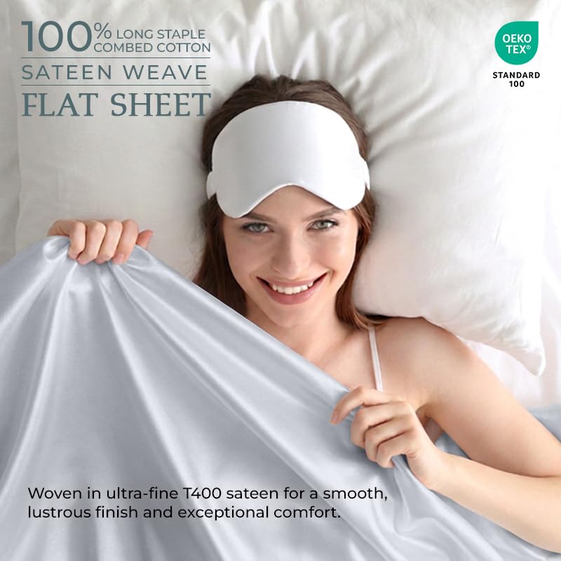 Image of Royale Linen 400 Thread Count 100% Cotton Flat Sheets Only - Cooling Bed Sheet - Full Flat Sheets Sold Separately - Luxury Sateen Weave - Breathable & Super Soft Top Sheet Only (Full, Spanish Silver)