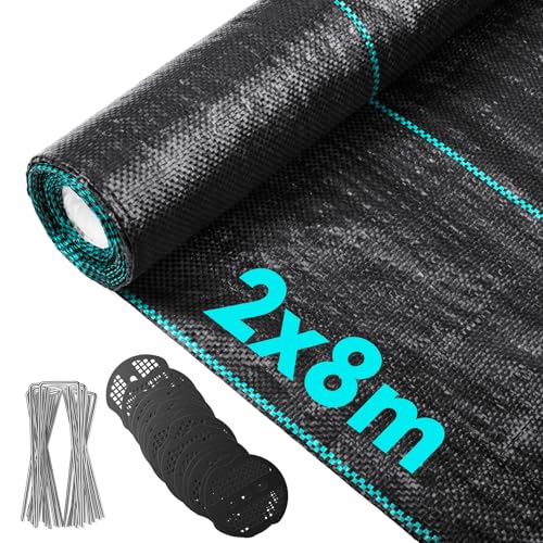 Vegamall 2m x 8m Malla Antihierbas, 80m² Tela Antihierba, Malla contra Malas Hierbas con 30 Anclajes, 30 espaciadores, Tela Geotextil para Control de Maleza, Jardín Tejido Resistente