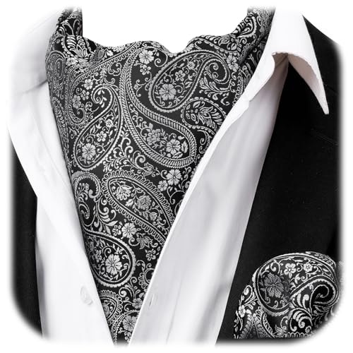 Image of HISDERN Ascot Ties for Men Paisley Floral Ascot and Pocket Square Set Classic Self Tie Mens Cravat Handkerchief for Wedding