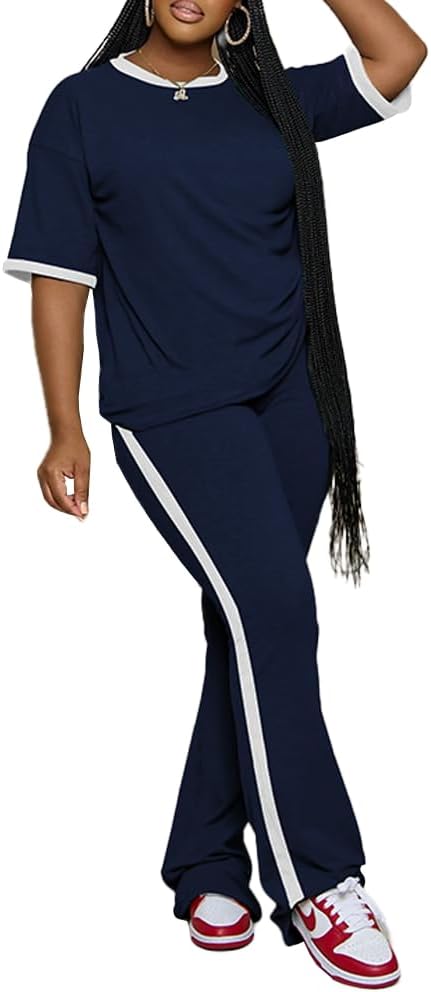 PINSV 2 Piece Sets for Women Summer Casual Short Sleeve Top and Flare Pants Lounge Sets