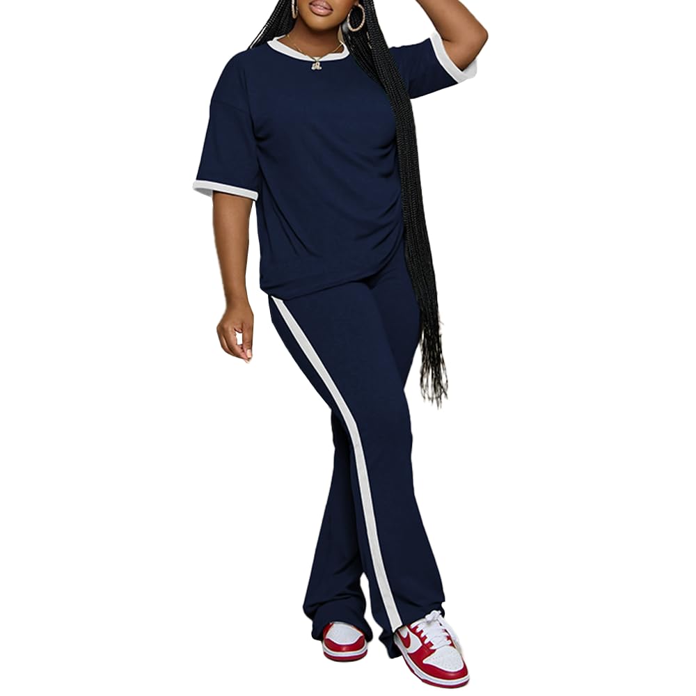 PINSV 2 Piece Sets for Women Summer Casual Short Sleeve Top and Flare Pants Lounge Sets