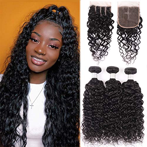 Brazilian Water Wave Bundles with Closure (14 16 18+14 inch) Water Wave Human Hair 3 Bundles With Closure Free Part Unprocessed Human Hair Weave Bundles Natural Color