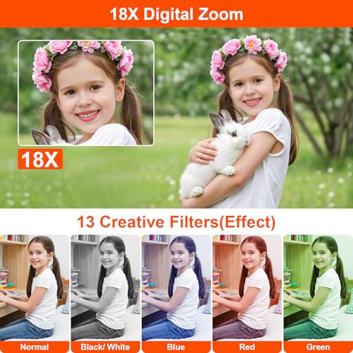 Appareil photo numérique compact 4K 64 MP, écran LCD de 7,3 cm, zoom numérique 18x avec support, rechargeable, portable, tout-en-un pour enfants/adolescents/débutants, blanc – Image 4