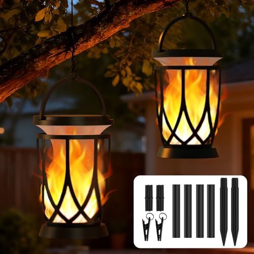 Solar Lanterns Outdoor Waterproof ,2 Pack Flickering Solar Flame Lights Upgraded Hanging Flame Lantern Pathway Torch Light Table Lamp, Auto On/ Off Porch Yard Gifts(2 Lighting Modes)