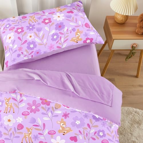 Image of Wake In Cloud - Floral Toddler Bedding Set for Girls, Cute Colorful Botanical Flowers with Deers, 4 Pieces Soft Crib Bed Set Including Comforter, Sheets and Pillowcase, Lavender