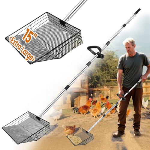 Image of 15 inch Extra Large Chicken Poop Scooper with Ergonomic Grip,5-in-1 Heavy Duty Adjustable Coop Scoop for Poop (24 to 68 inch), Stainless Steel Sifting Litter Shovel Scoop for Chicken Coop
