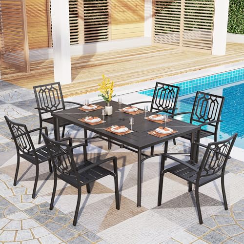 Image of PHI VILLA 7 Pcs Outdoor Dining Set& 64 inch Rectangular | Metal Table w / Umbrella Hole and 6 Stackable Dining Chairs.Perfect for Patio, Garden, Deck, Porch, and Yard