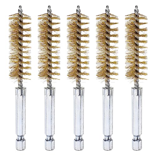HARFINGTON 5Pcs Brass Bore Brush 15mm Dia 4" Long Cleaning Twisted Wire Brush with Handle 1/4" Hex Shank for Tubes, Ports, Bearings