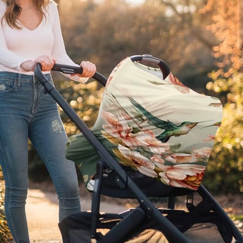 Image of Fashion Hummingbird Floral Print Stylish Infant Babies Nursing Cover Stretchy Car Seat Canopy for Shopping Cart /High Chair /Stroller Covers