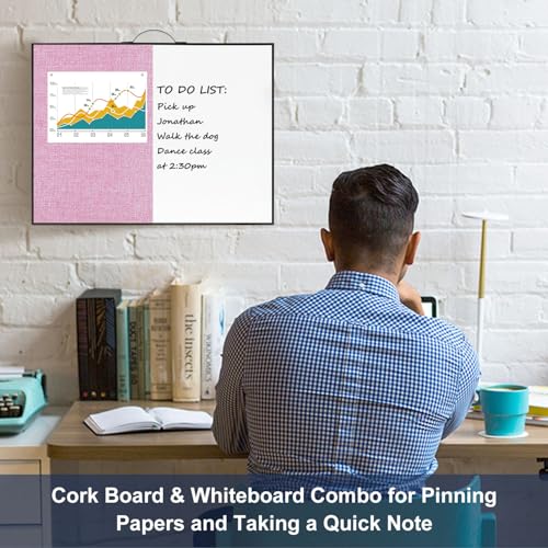 Image of Small White Board Cork-Board Combo - 16 X 12 inches Pink Linen Board & Magnetic Dry Erase Board for Wall, Mini Bulletin Cork Board with Holder for Office, Home and School
