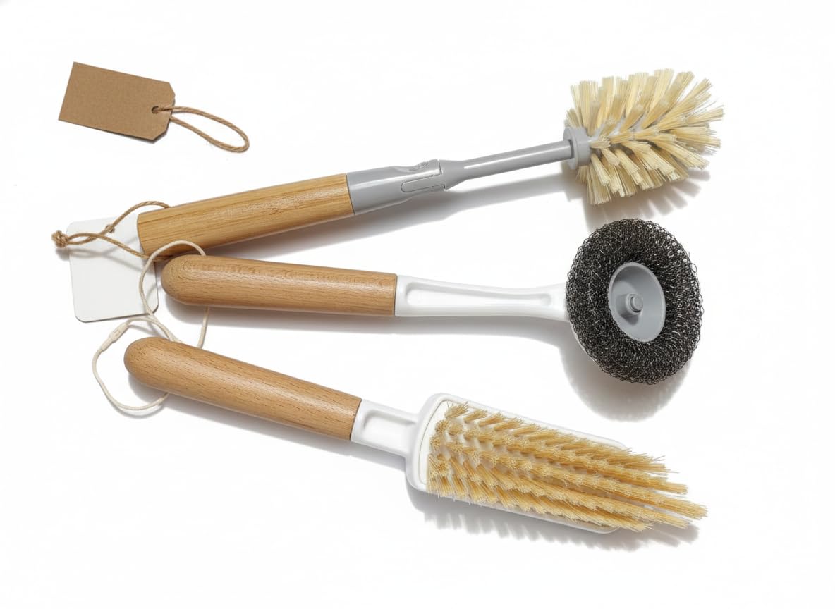 GRILL BUMP 3 in 1 Kitchen Scrub Brush Set with Bamboo Wooden Handle – Dish Washing Brush, Bottle Cleaning Brush and Steel Wire Scrubber for Home Kitchen Use-image-31