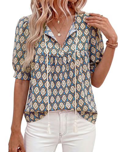 Image of PRETTYGARDEN Womens Summer Boho Tops 2026 Tie Front V Neck Print Loose Fit Short Sleeve Peasant Blouses Vacation Outfits(Blue,Medium)