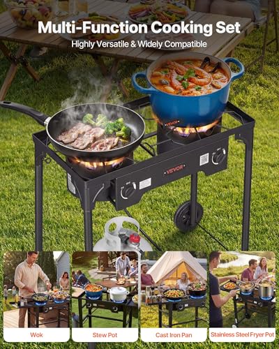Image of VEVOR 2 Burner Outdoor Propane Gas Stove, 150,000 BTU Propane LPG Gas Camping Stove, Heavy-duty Carbon Steel Outdoor Cooker, with 2 Wheels & 20 PSI Regulator & Hose, for BBQ Camp Home Patio Backyard