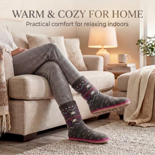 Image of cosyone1997 Slipper Socks for Women Warm Fuzzy Non Slip Soft Sole | Sherpa lining, padded sole, stretchy cuff and gripper dots for bedroom or lounging; gift-ready box, machine washable