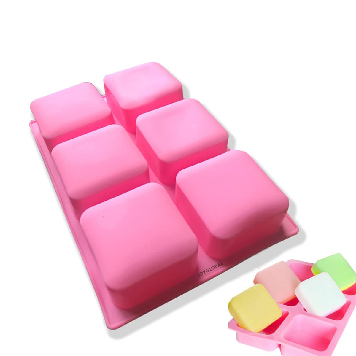 JoyGlobal Silicone 6 Cavity Basic Square Design Homemade Melt and Pour Soap Cold Process Soap Muffins All Purpose Mould ; Soap Weight : Approx 120 Grams