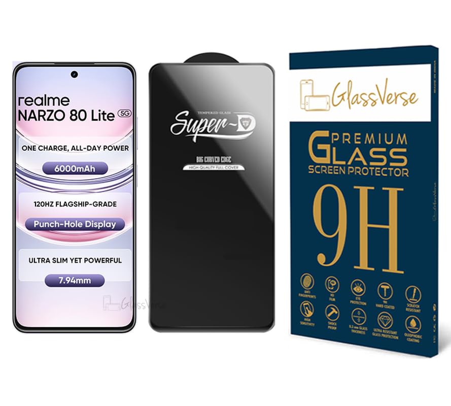 Image of Glassverse 9H Gorilla Tempered Glass for Realme Narzo 80 Lite | HD Clarity Screen Protector, Ultra Strong 9H Protection, Edge to Edge, Case Friendly, Hassle-less Installation Kit Included. (Pack of 1)