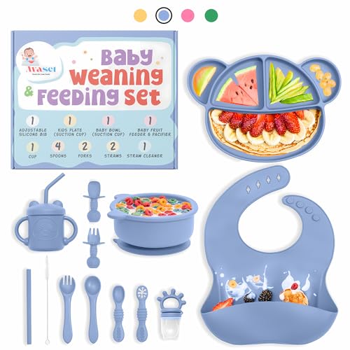 Image of Complete Silicone Baby Led Weaning Supplies Set - Animal-Themed 15-Piece Toddler & Baby Feeding Essentials with Bib, Suction Plate & Bowl, Forks, Spoons, Sippy Cup, Straws & More (Baby Blue)