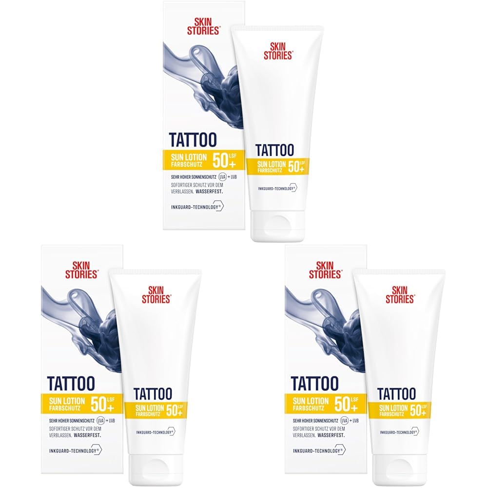 SKIN STORIES Sun Lotion LSF 50+ (100 ml), Tattoo-Farbschutz Sonnencreme mit InkGuard-Technology®, sehr hoher Tattoo Sonnenschutz mit Panthenol und Vitamin E gegen das Verblassen von Tattoo-Farben