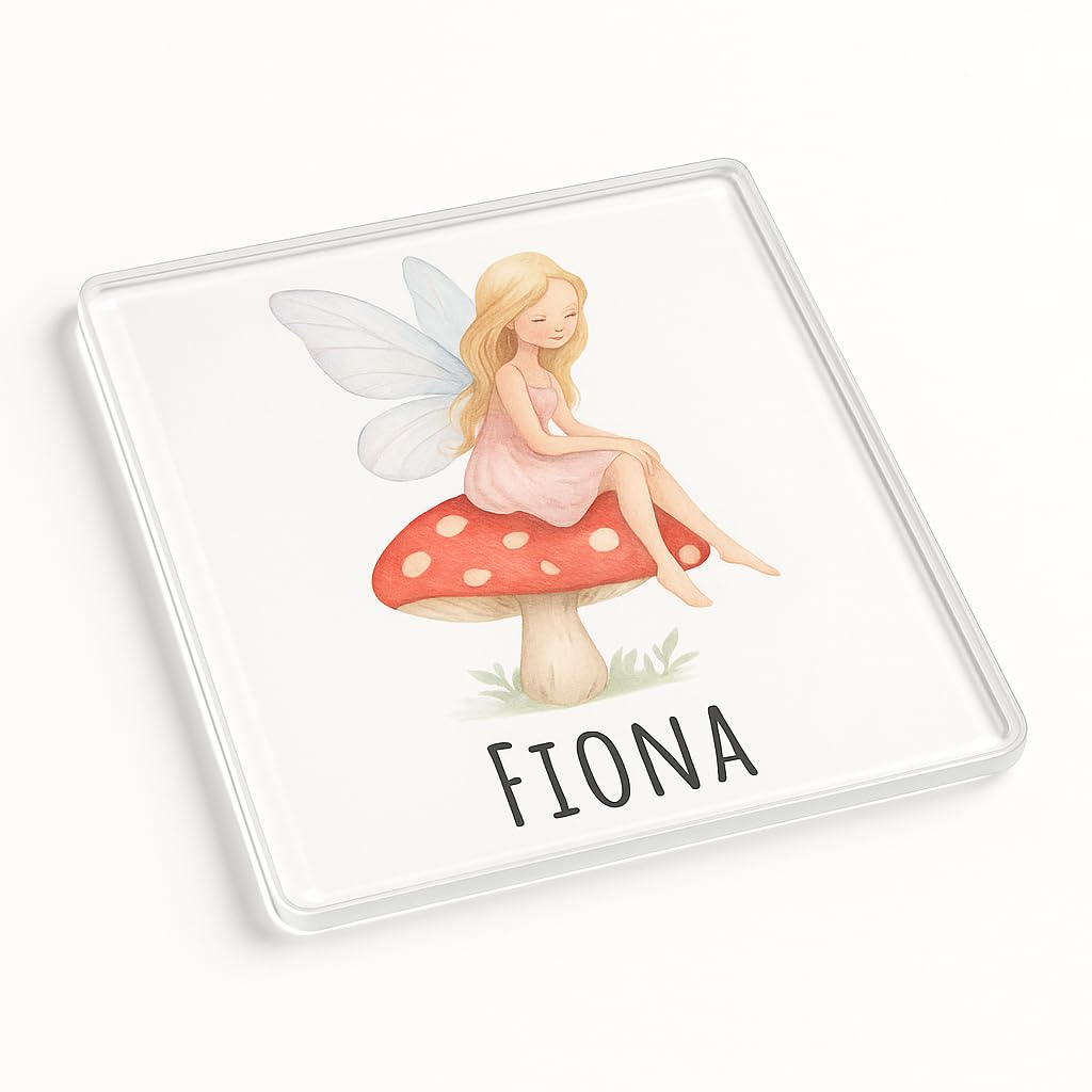 The Plum Penguin Whimsical Enchantmen Personalised Name Acrylic Coaster Gift Featuring Whimsical Fairy On Toadstool Design - Enchanting Kids Party Decor, Children's Delight