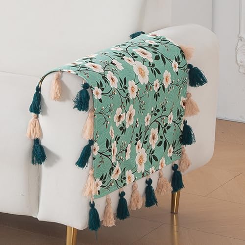 Image of HOKIPO Premium Holland Velvet Sofa Armrest Cover | Printed Design Arm Cover with Tassels | 'Whispers of Nature' (1 Pair) Sage Floral Vine (IN-1115-D8*2SC)
