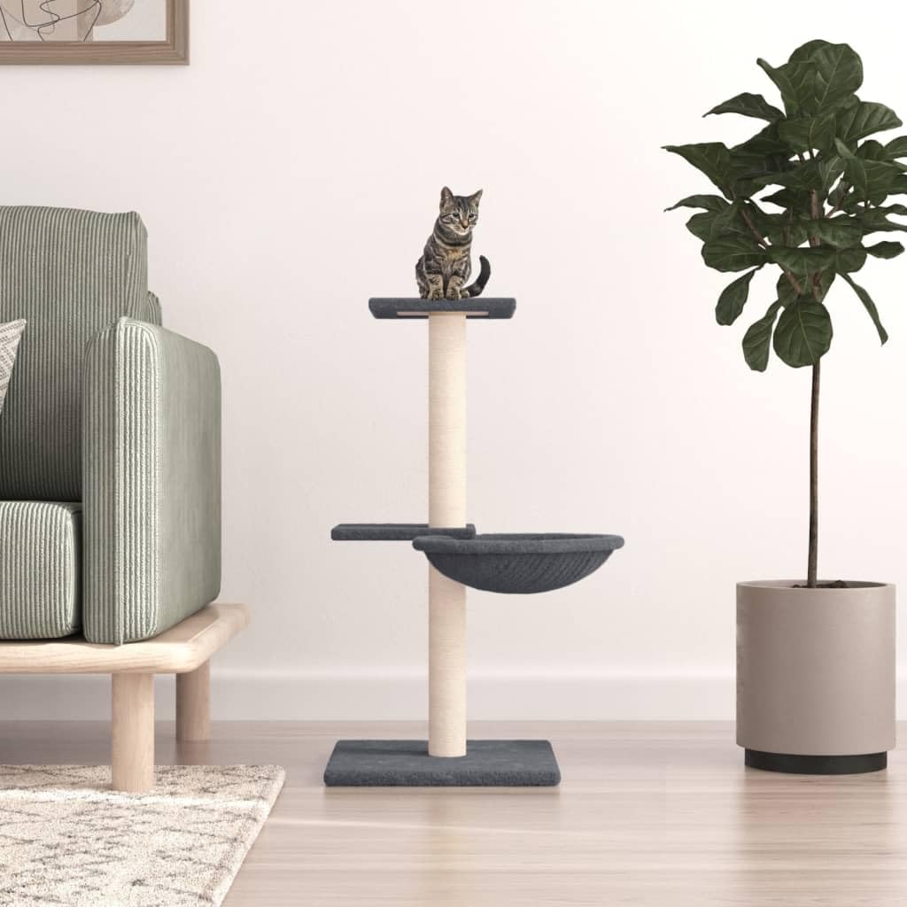 Rascador pequeño con columnas rascadoras de sisal, gris oscuro, 72 cm, árbol rascador para gatos con felpa, hueco y cesta para gatitos y gatos pequeños, estable trepador de madera