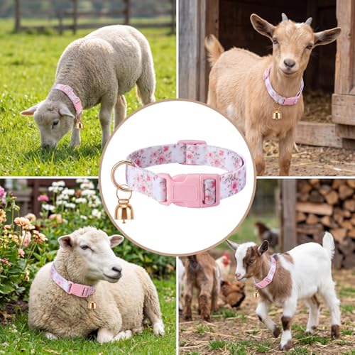 Image of Goat Collar with Bell, Sheep Grazing Copper Bells and Adjustable Nylon Collar Set Loud Bronze Bell for Summer Small Farm Animal Sheep Cow Dog Accessories Gift(Pink Flower)