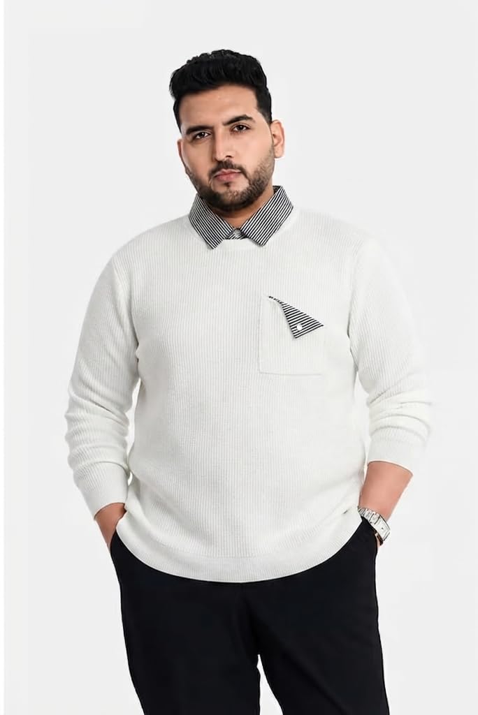 Men's Plus Size Black Ribbed Knit Sweatshirt with Chest Pocket-picture-53