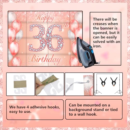 Image of Happy 36th Birthday Rose Gold Banner Cheers to 36 Years Old Backdrop Confetti Balloons Theme Decor for Women 36 Years Old Pink Birthday Party Decorations Bday Supplies Background Favors Gift Glitter