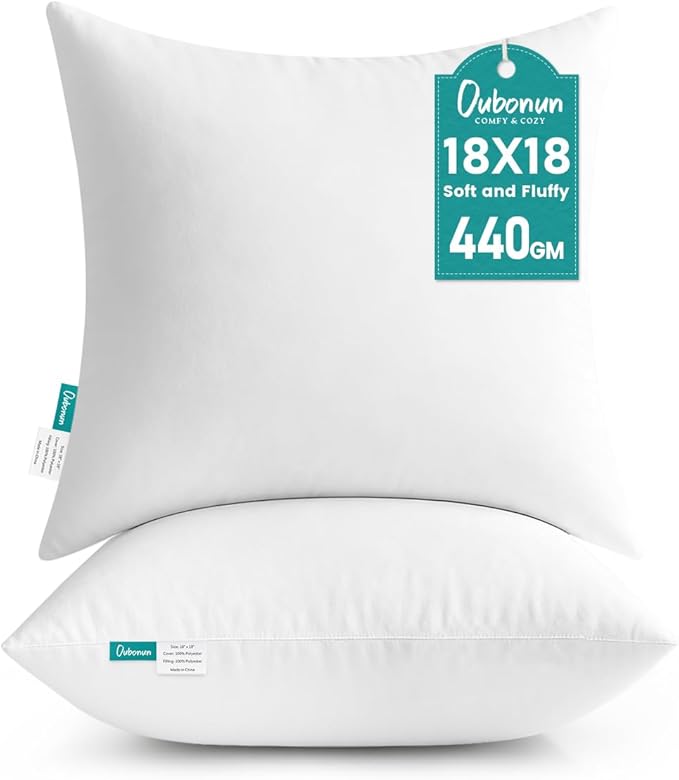 Oubonun 18 x 18 Throw Pillow Inserts - Soft, Plush & Decorative Down Alternative Pillows for Couch Sofa Bed, Machine Washable - White, Pack of 2