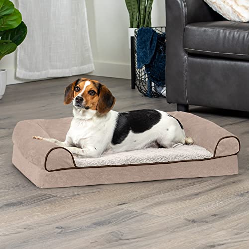 Image of FurHaven Soft, Orthopedic Foam Sofa Dog Bed with Washable & Removable Cover - Sherpa /Chenille - Cream, Dogs Up to 35 lbs - Medium