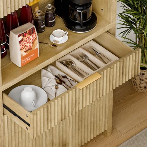 Image of Lulive 71 inch Fluted Pantry Cabinet with Charging Station, Natrual | Adjustable Shelves, Open Countertop, Drawer, Spacious Kitchen Storage