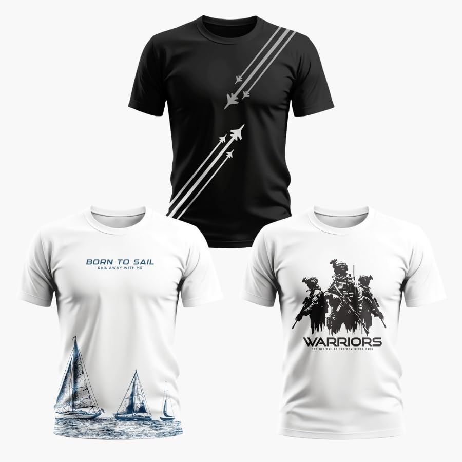 warriorworld Men’s Pure Cotton T-Shirts Combo | Typography & Graphic Printed Tees | Cross Plane, Warriors & Born to Sail Designs | Pack of 3-picture-16