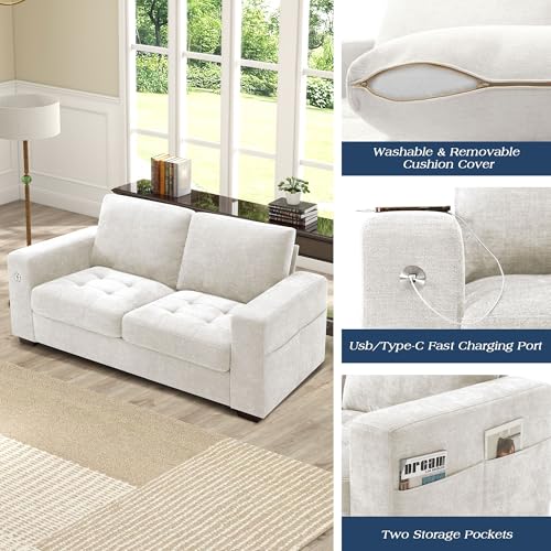 Image of WorthFurni Sofas for Living Room, Chenille Loveseat Couch Set, Small Sofa, 3 Seater Sofa, USB Charging, Removable Sofa Cover,Solid Wood Frame, Easy to Install(70inch,Beige)