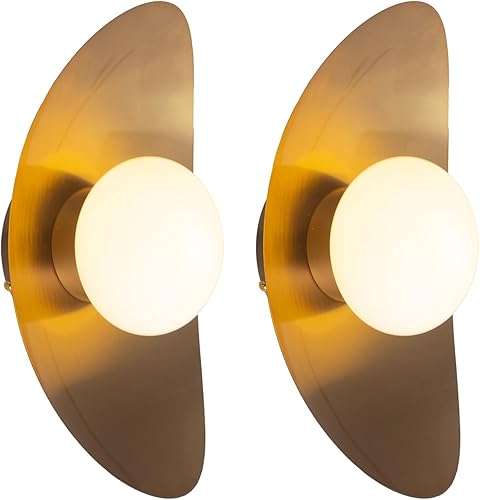 Iluminación de pared de mediados de siglo, aplique de pared de globo de vidrio blanco, forma clásica de media luna, acabado dorado, luces de tocador