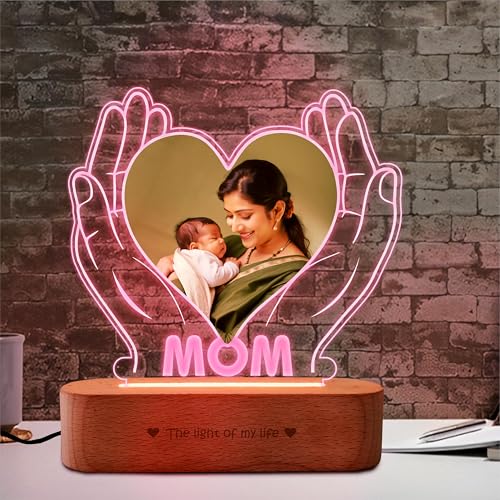 Image of ZOCI VOCI Mothers Day Gifts - Customised Gift for Mom - Personalized Gift for Working Mom - Custom Photo Engraved LED Lamp with Heart & Hands Design (RGB Smooth - (No Remote))