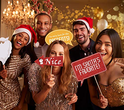 Glitter Christmas Photo Booth Props Kit - 25 Count Large Photography Party Decorations Gifts, Fun Santa Elfie Selfie Posing Signs Diy Craft Backdrop Accessories For Birthday New Year Holiday #TOP5