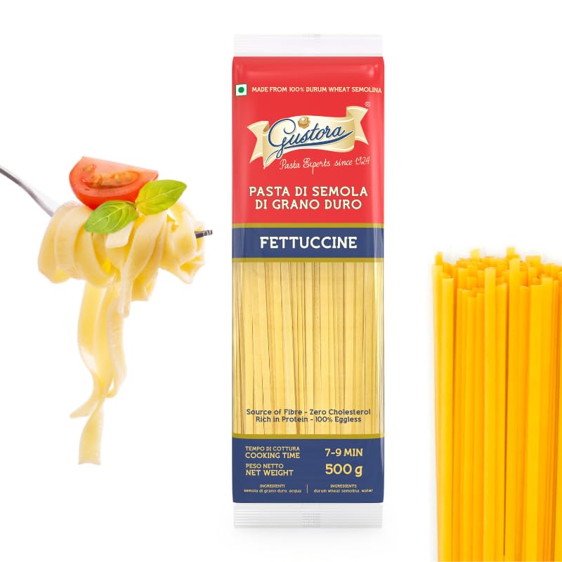 Image of Gustora Fettucine Pasta Combo Pack Of 2 I Durum Wheat Semolina I Rich In Protein & Fibre I Zero Cholesterol I Cooking Time 10 Min I Vegetarian Pasta - (500 Gm X 2)
