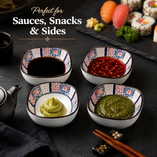Image of Japanese Ceramic Dip Bowl Set of 4 | 200ml Small Square Sauce Bowls for Soy Sauce, Chutney, Snacks & Dry Fruits | Glazed Sushi Dip Dishes, Dishwasher & Microwave Safe (Hana Bloom)