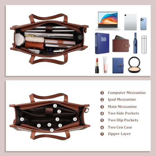 MOSISO Laptop Tote Bag, 15.6 inch PU Leather Women Rhombus Quilted Handbag & Clutch Purse, Waterproof Computer Bag Work Briefcase for Business Office, Brown3