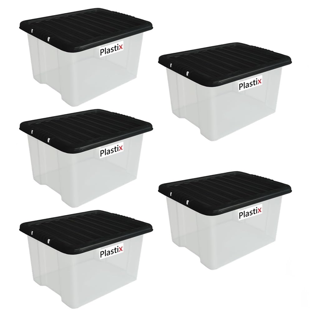 Plastix Set of 5 Clear Plastic Storage Box Boxes With Lids Home Office Stackable UK Made (35 LITRE, With Black Lid)