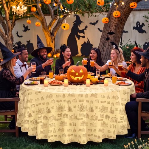 Image of Hahafelt 3 Pcs Magical Wizard Plastic Tablecloth 84 Inch Round Disposable Wizards Themed Halloween Table Cloth Magical Vintage Castle Circular Table Cover for Halloween Witch Birthday Party Supplies