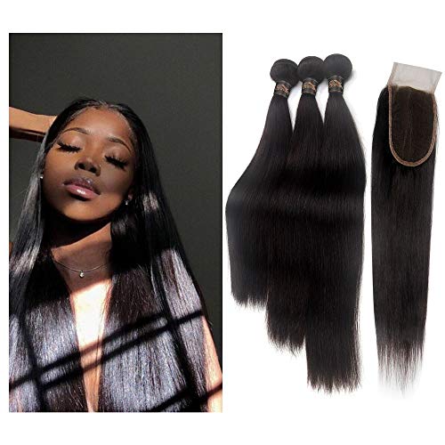 STfantasy Human Hair Closure 4"x4" Free Part Lace Closure 100% Brazilian Virgin with Hair Bundles Straight Unprocessed Hair Extensions