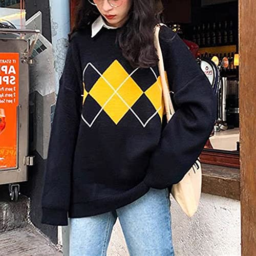Women Geometric Pattern Argyle Sweater Pullovers Preppy Oversized O-Neck Knitted Sweaters Jumpers2