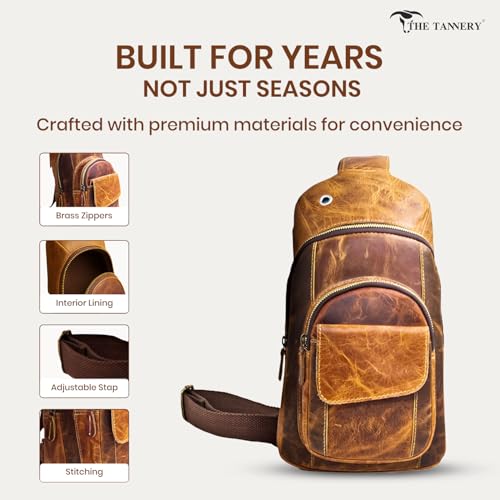 The Tannery Handmade Buffalo Leather Multipurpose Travel Hiking Crossbody Chest Backpack with Adjustable Shoulder Strap (Brown, Large)2