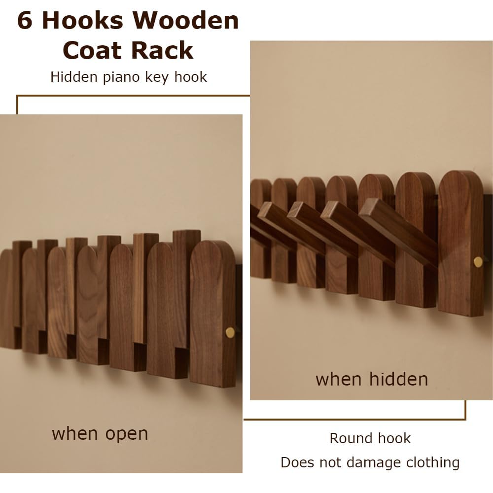 Perchero De Pared De Madera De Nogal - 3 Ganchos, Instalación Sin Taladro, Ideal Para Pasillo O Entrada