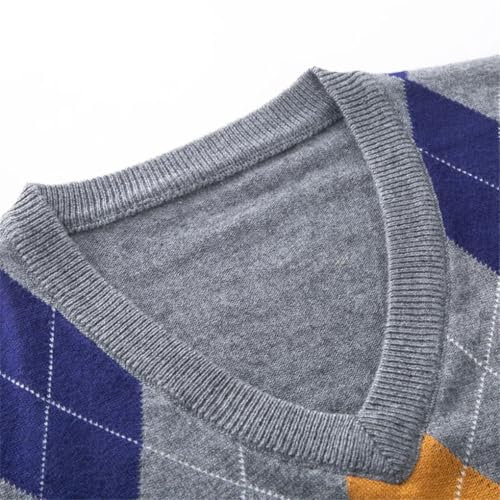 Men Wool Sweater V-Neck Long Sleeve Argyle Vintage Casual Knit Sweater Top3